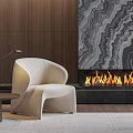 Accent Chair Next To Modern Fireplace With Flames Wooden Wall Side Table And Floor Lamp