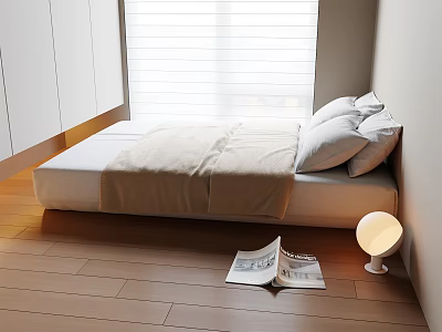 Tatami Bedroom Interior With Wooden Floor White Pillows Beige Blanket Open Book And Round Lamp 3d model