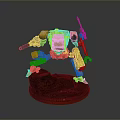 Detailed Mechanical Character With Yellow Red Armor Holding Weapons On Rocky Base
