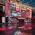 Vibrant Commercial Street Night Scene With Neon Signs Colorful Lights And Ground Reflections