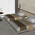 Hotel Guest Room with Twin Beds Mountain Pattern Wall Decor Side Table Chair and Vase