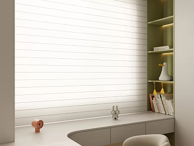 White Venetian Blinds In Modern Home Office With Desk Shelf And Decorations 3d model
