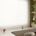 White Venetian Blinds In Modern Home Office With Desk Shelf And Decorations