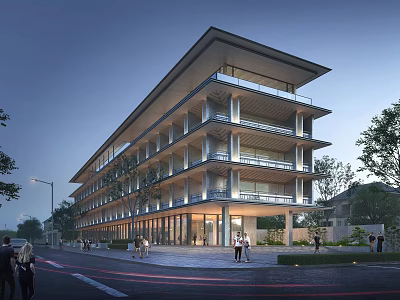 Modern Multi Story Office Building With Large Glass Windows Evening Street Pedestrians And Trees 3d model