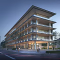 Modern Multi Story Office Building With Large Glass Windows Evening Street Pedestrians And Trees