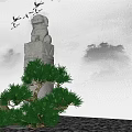 Traditional Chinese Garden Ornaments With Stone Lion Statue Pine Tree Rockery And Flying Cranes