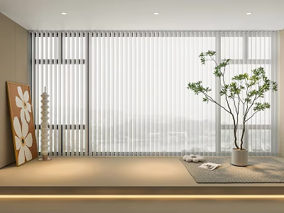 White Venetian Curtains For Large Window In Modern Minimalist Interior With City View And Greenery 3d model