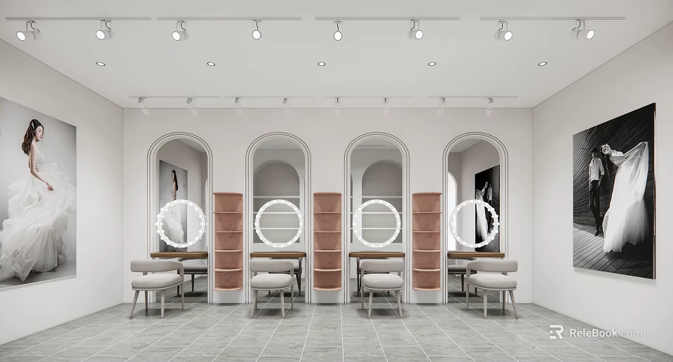 Elegant Wedding Dress Shop Interior With Arched Mirrors Ring Lights And Gray Tiled Floor 3d model 
