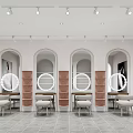 Elegant Wedding Dress Shop Interior With Arched Mirrors Ring Lights And Gray Tiled Floor