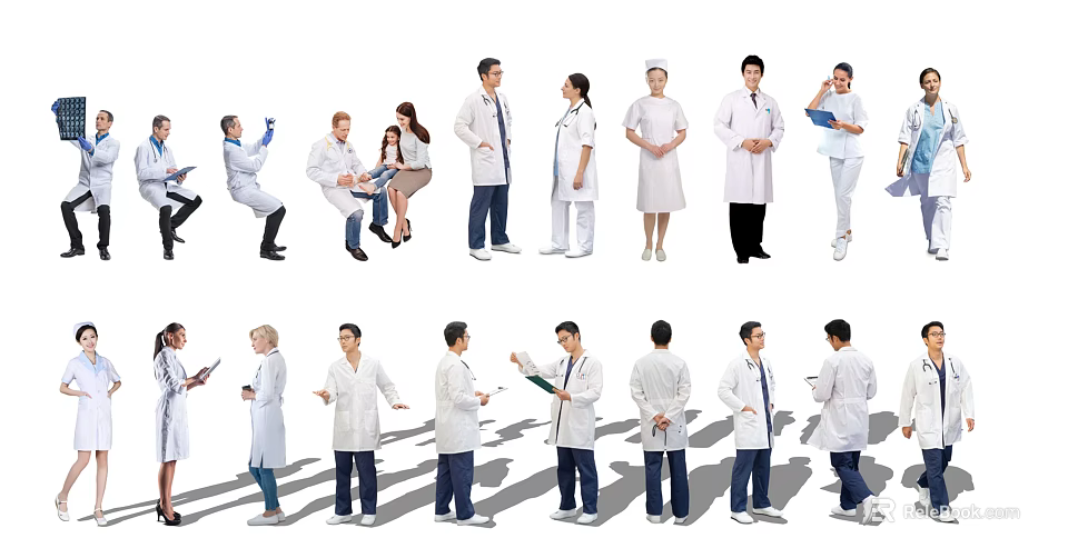 Healthcare Workers In Various Poses And Professional Attire On White Background 3d model 