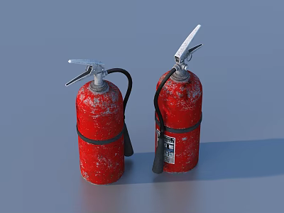 Two Red Fire Extinguishers With Black Straps Nozzles And Worn Surfaces 3d model
