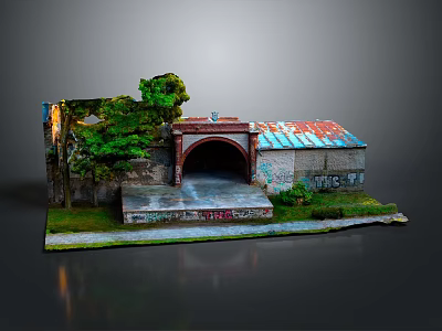 Abandoned Brick Building with Arched Entrance Rusted Metal Roof Green Plants and Graffiti 3d model
