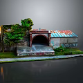 Abandoned Brick Building with Arched Entrance Rusted Metal Roof Green Plants and Graffiti