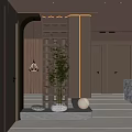 Modern Entryway Hallway Interior With Wooden Lattice Partition Potted Plant Soft Lighting And Decorative Ornaments