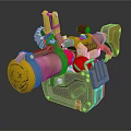Unique Weapon Design With Yellow Circular Part Red Components And Wooden Grip