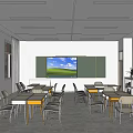 School Classroom Interior With Tables Chairs Blackboard TV Screen And Bookshelves