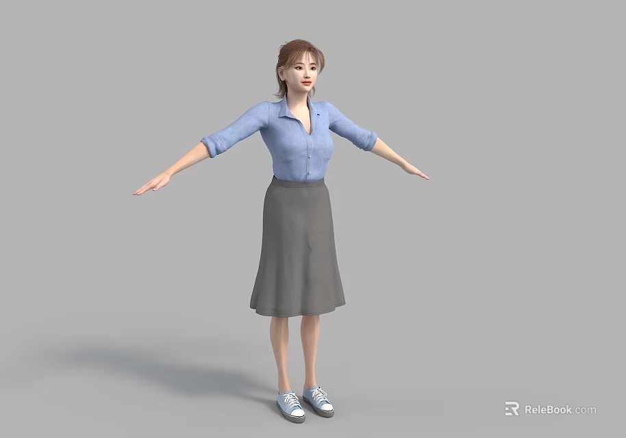 A woman in blue shirt and gray skirt with arms outstretched standing against gray background 3d model 