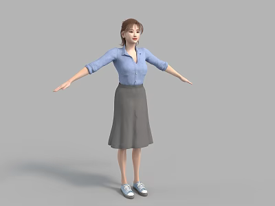 A woman in blue shirt and gray skirt with arms outstretched standing against gray background 3d model