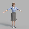 A woman in blue shirt and gray skirt with arms outstretched standing against gray background