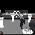 Commercial Equipment For Modern Exhibition Space With White High Top Tables And People Interacting