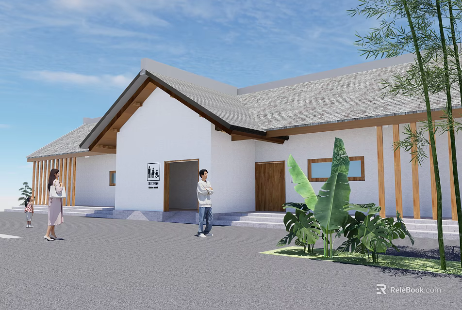 Traditional Building with White Walls Gray Roof Wooden Accents People and Green Plants 3d model 