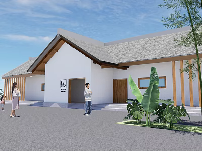 Traditional Building with White Walls Gray Roof Wooden Accents People and Green Plants 3d model