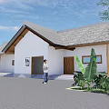 Traditional Building with White Walls Gray Roof Wooden Accents People and Green Plants