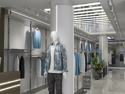 Modern Clothing Store Interior With Mannequin Hanging Apparel Columns And Bright Lighting 3d model