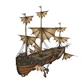 Sailing Ship With Tall Masts Multiple Canvas Sails And Wooden Deck Structure