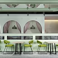 Vibrant Modern Restaurant Interior With Green Chairs And Large Windows 3d model