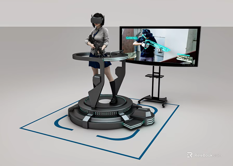 User Standing On VR Experience Platform With Headset And Large Screen 3d model 