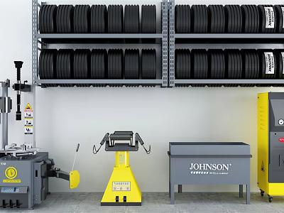 Industrial Equipment For Tire Service With Racks Tires And Cabinet 3d model