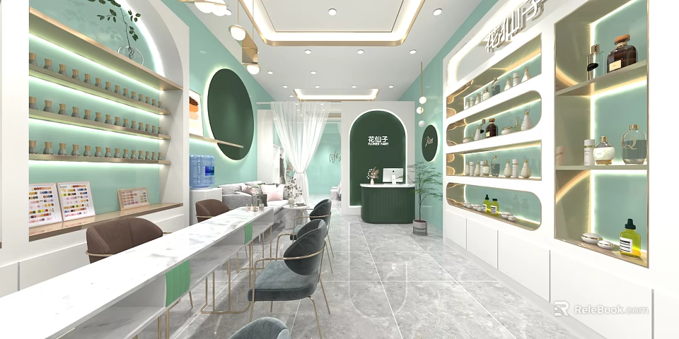 Modern Beauty Hair Salon Interior With Green Walls White Workstations And Product Displays 3d model 