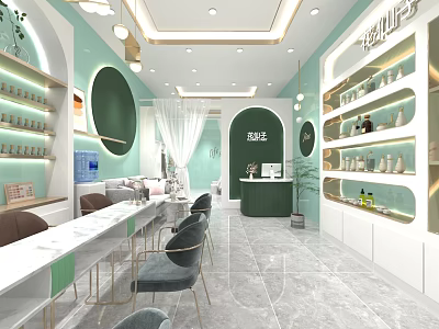 Modern Beauty Hair Salon Interior With Green Walls White Workstations And Product Displays 3d model