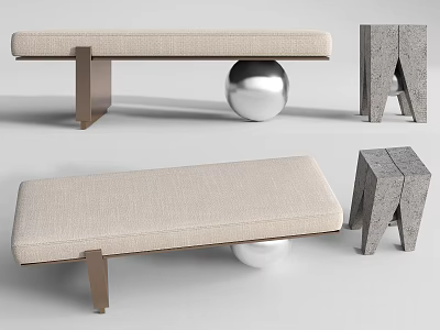 Stylish Sofa Bench With Linen Upholstery Metal Legs And Stone Base Designs 3d model