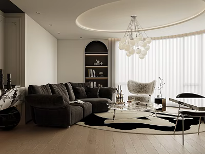 Modern Living And Dining Room Interior With Dark Sofa Glass Chandelier And Area Rug 3d model