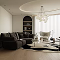 Modern Living And Dining Room Interior With Dark Sofa Glass Chandelier And Area Rug