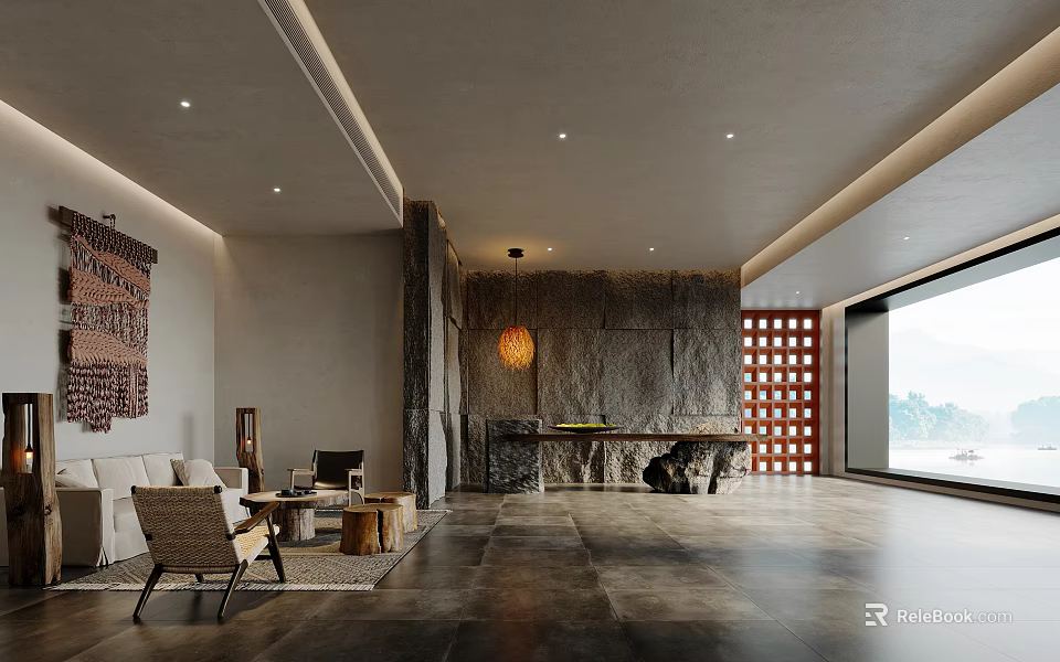 Hotel Lobby Modern Interior With Stone Accent Wall Pendant Light Sofa And Wooden Screen 3d model 