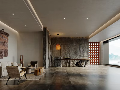 Hotel Lobby Modern Interior With Stone Accent Wall Pendant Light Sofa And Wooden Screen 3d model