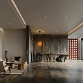 Hotel Lobby Modern Interior With Stone Accent Wall Pendant Light Sofa And Wooden Screen
