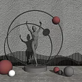 Decorative Human Figure Sculpture With Raised Arms Metal Ring Colored Spheres Against Textured Wall