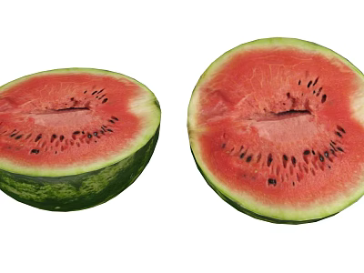 Fresh Ripe Watermelon Halves With Red Flesh Black Seeds And Green Rind 3d model