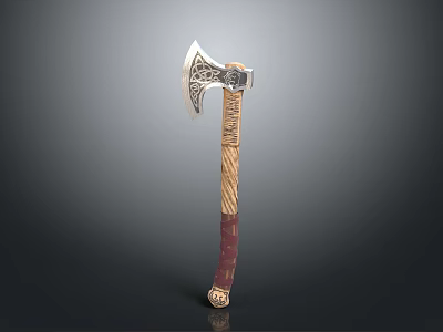 Decorative Axe With Intricate Metal Head And Carved Wooden Handle 3d model