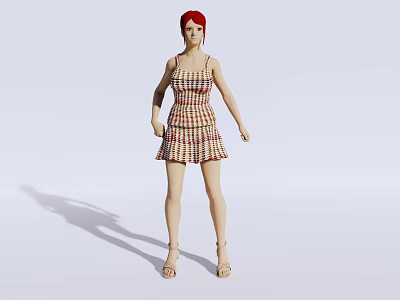 Red Haired Woman In Plaid Dress Standing With High Heels On Light Background 3d model