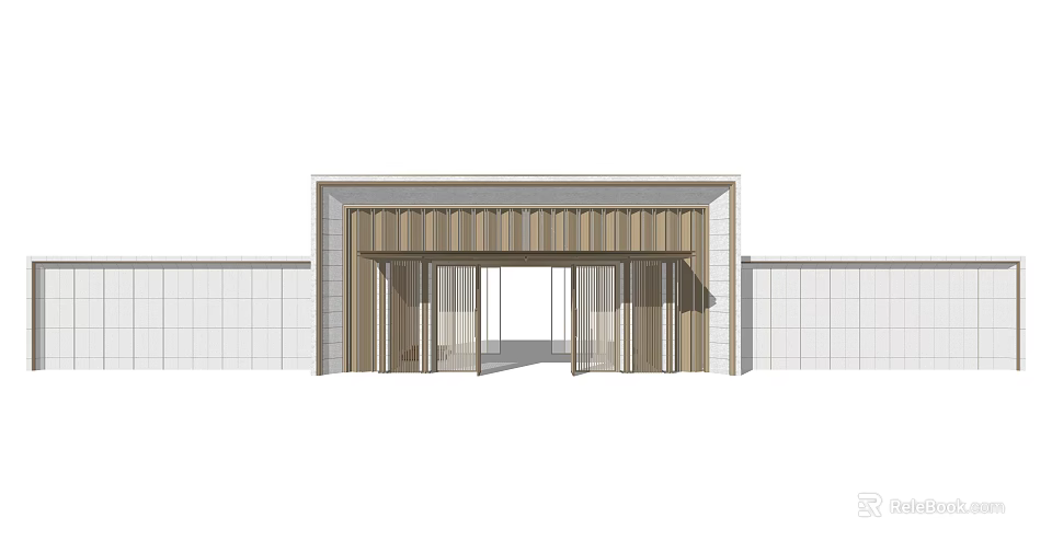 Modern Entrance Gate With Wooden Frame Glass Doors And White Wall Design 3d model 