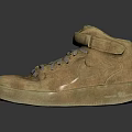 Worn High Top Beige Leather Shoes With White Laces On Dark Reflective Surface