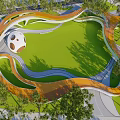 Park Landscape with Curved Orange Structures Green Lawn White Dome Trees and Winding Paths