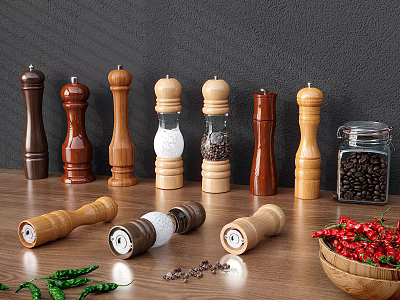 Wooden And Glass Spice Grinders On Kitchen Counter With Chili And Coffee Beans 3d model