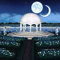 Magical Night Garden Pathway With White Domed Pavilion Full Moon Crescent And Blue White Flowers