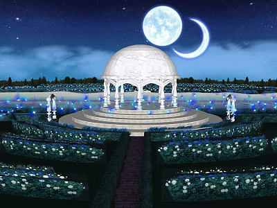 Magical Night Garden Pathway With White Domed Pavilion Full Moon Crescent And Blue White Flowers 3d model
